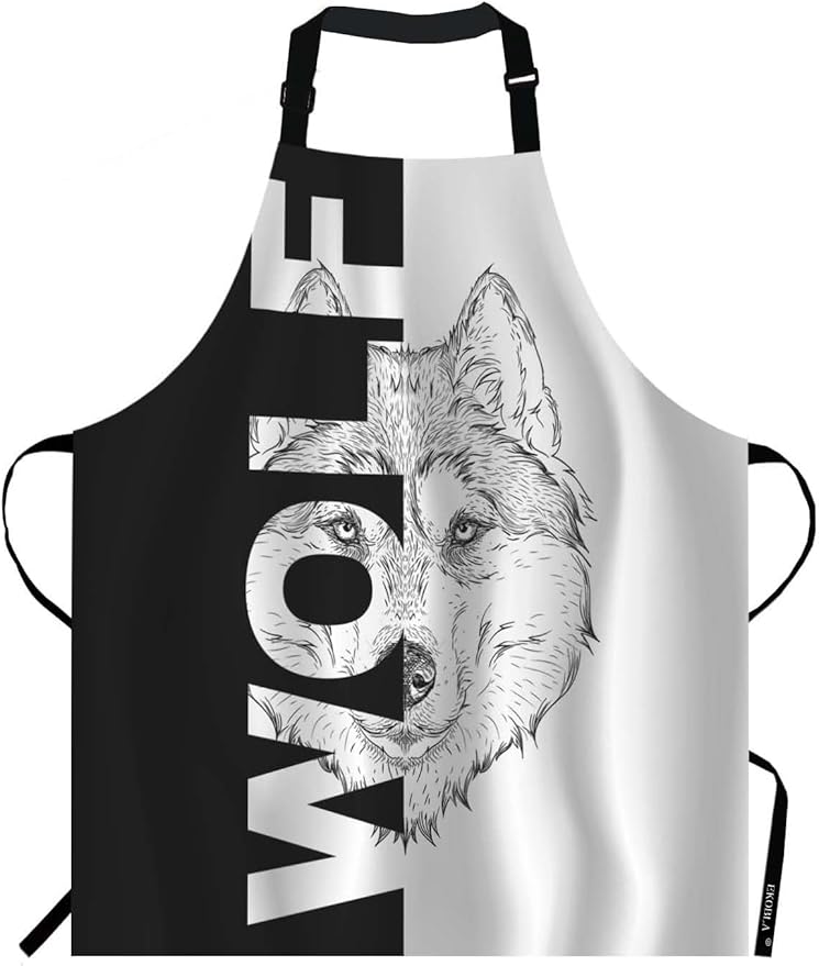 EKOBLA Wolf Aprons Hand Drawn Portrait Tattoo Animal Cool Creative Sketch Art Waterproof Resistant Chef Cooking Kitchen BBQ Adjustable Aprons for Women Men 27x31 Inch
