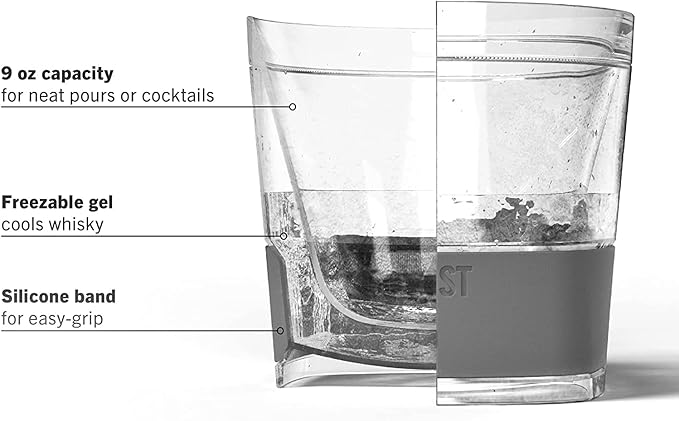 Host Whiskey Freeze Glasses, Double Old Fashioned Glasses, Chill Without Dilution for Brandy, Vodka, Gin, Rum, and Cold Brew Cocktails, Bourbon Gifts for Men, Home Bar, 9 oz, Set of 2, Grey