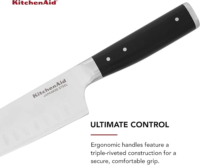 KitchenAid Gourmet Forged Triple Rivet Santoku Knife with Custom-Fit Blade Cover, 7-inch, Sharp Kitchen Knife, High-Carbon Japanese Stainless Steel Blade, Black