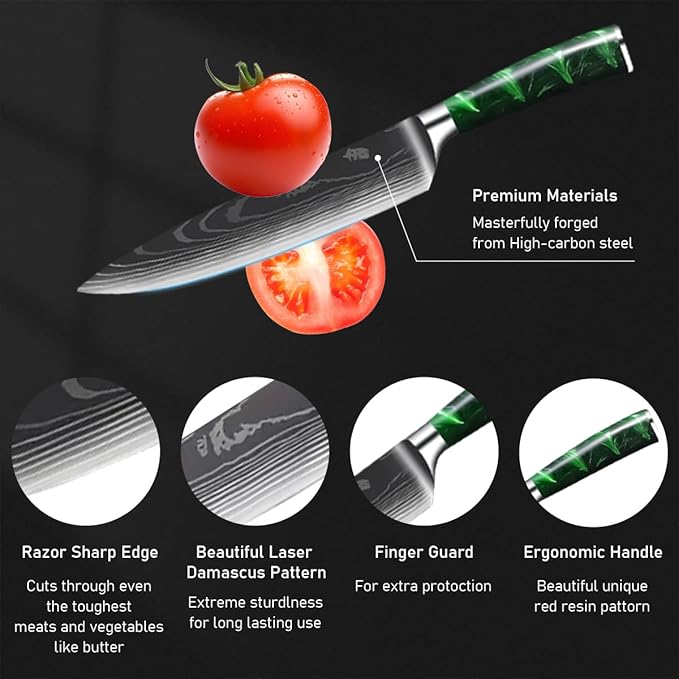 10-Piece Premium Japanese Kitchen Knife Set - Imperial Collection, Laser Damascus Pattern, 440A Stainless Steel Ultra Sharp for Fast Cutting (Green)
