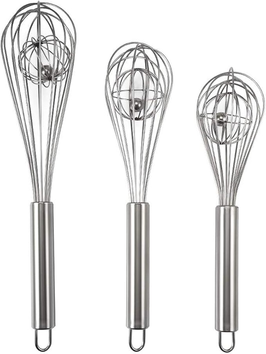 3 Pack 9, 10, 12 inch Balloon Whisk Double Balloon Wire Whisk Blending Whisking Beating Stirring Egg Beater Stainless Steel(with inside Ball)