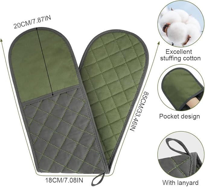 AUAUY Black Double Oven Mitts, 250°C/482°F Heat Resistant BBQ Mittens with Ropes, Silicone Non-Slip Design Kitchen Mittens, Cooking Glove Kitchen Accessories for Cooking Baking Grilling