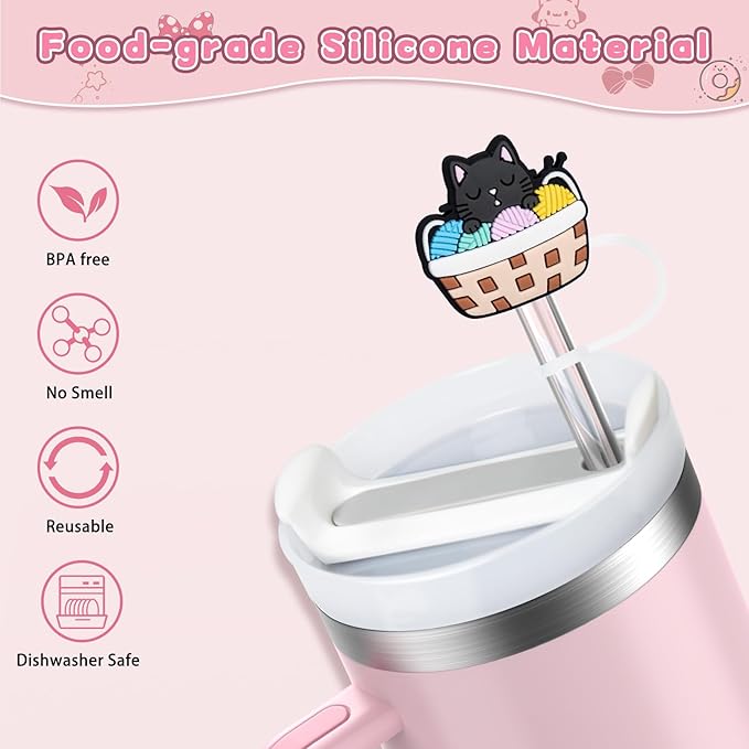 6PCS Straw Covers for Stanley Cup Tumbler 30 oz / 40 oz Leak Proof Straw Toppers 10mm Silicone Cute Caps for Stanley Cup Accessories-Cute Cat