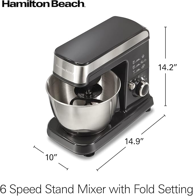 Hamilton Beach 6 Speed Electric Stand Mixer with Stainless Steel 3.5 Quart Bowl, Planetary Mixing, Tilt-Up Head, 300W Motor, Black (63326)