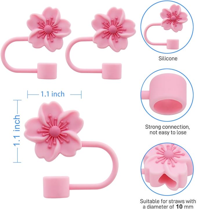 3pcs Cherry Blossom Silicone Straw Cover Cap for Stanley Cup,Straw Topper 10 mm 0.4 in Reusable Straw Tips Lids,Flower Straw Tip Covers Gift for Party Decor