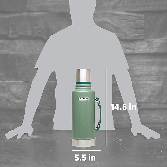 Stanley Heritage Classic Vacuum Bottle with Handle 2.0 qt | Wide Mouth with Leakproof Cup Lid | Keep Drinks Hot Cold for Travel | Insulated Stainless Steel Thermal Bottle | BPA-Free | Hammertone Green