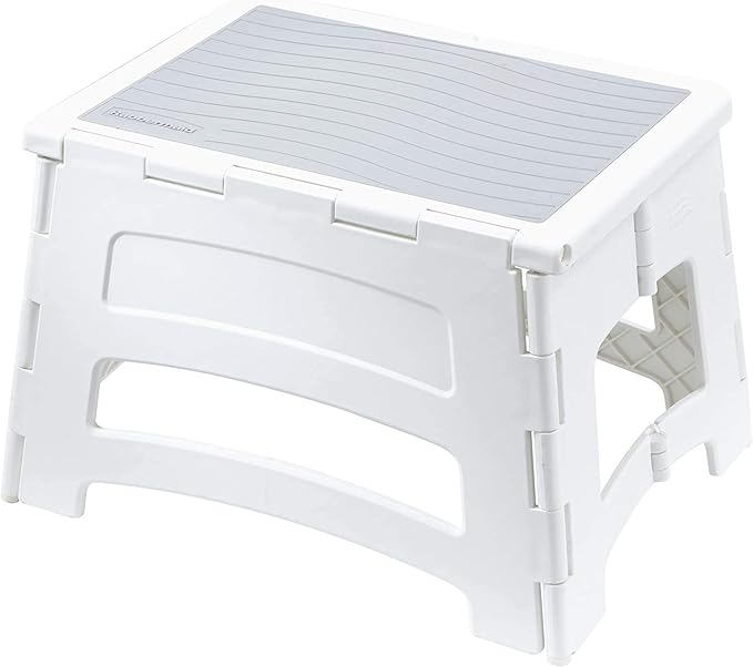 Rubbermaid Mini Folding Step Stool, Short, Foldable, Lightweight with Slip Resistant Treads and Non-Slip Feet, White