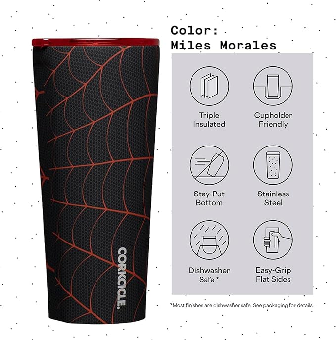 Corkcicle Marvel Tumbler - Insulated Stainless Steel Travel Cup - Cold & Hot Drinks - Reusable - Durable - Spill Proof Lid - Non-Slip Silicone Base - Easy Grip - BPA Free - 24 oz - Miles Morales