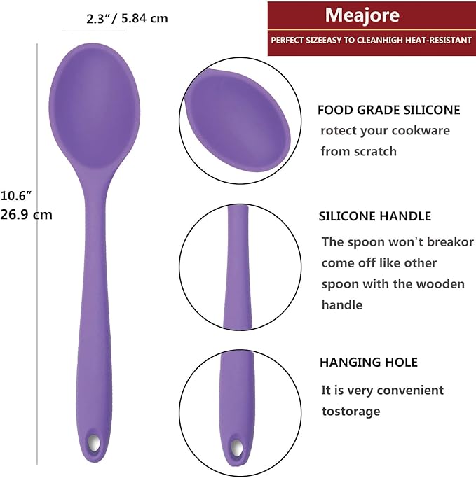 Meajore 2 Pcs Silicone Spoons for Cooking Heat Resistant, Hygienic Design Cooking Utensi Mixing Spoons for Kitchen Cooking Baking Stirring Mixing Tools (Purple)