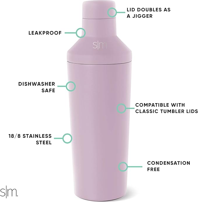 Simple Modern Cocktail Shaker Set with Jigger Lid | Stainless Steel Boston Shaker Insulated Martini Mixer for Mocktails | Gifts for Men Women Him Her | Classic Collection | 20oz | Lavender Mist
