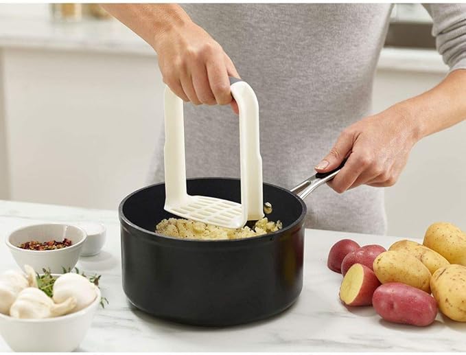 Joseph Joseph 20140 Easy-Mash Plastic Potato Masher Ergonomic with Non-slip Grip and Pan-scraping Edges Dishwasher Safe, One-size, White