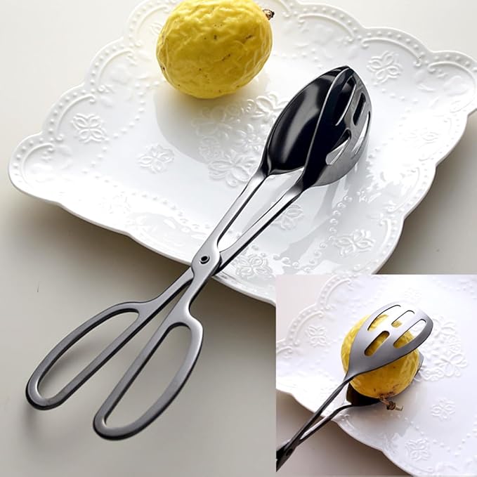 2 Pieces Buffet Salad Tongs for Kitchen Serving and Cooking, Stainless Steel Food Scissor Tongs, Catering Utensil for Bread Cake Bake Steak Barbecue (Black)