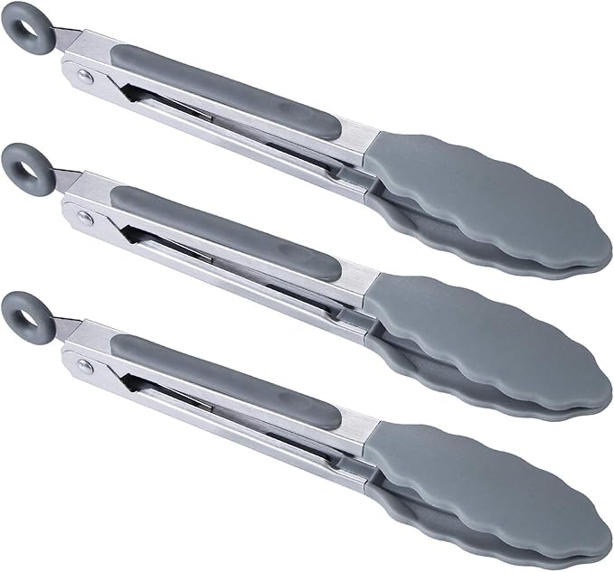 MSY BIGSUNNY Kitchen Food Tongs - 7" Mini Silicone Serving Tongs - Set of 3 (Gray)