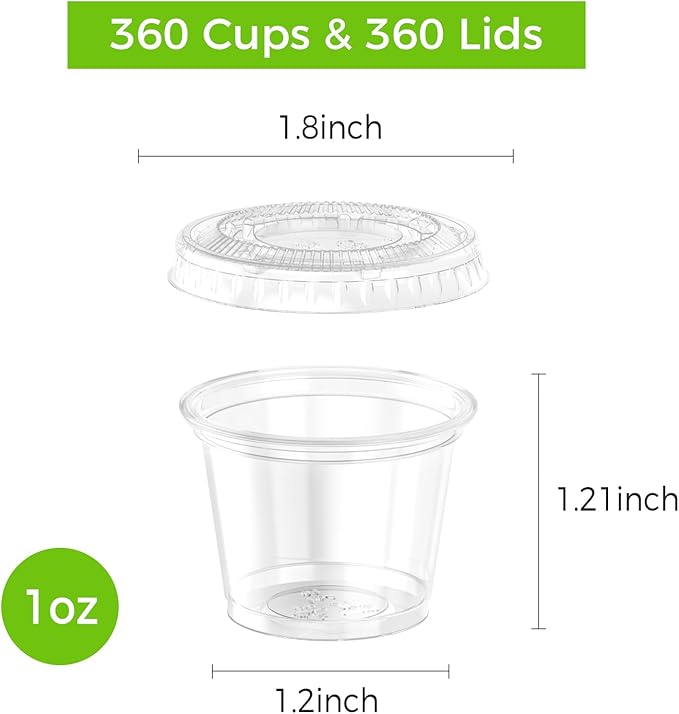 360 Set 1 oz Jello Shot Cups with Lids, Sturdy & Food Safe Disposable Plastic Portion Condiment Dipping Sauce Cups, Small Containers for Salad Dressing