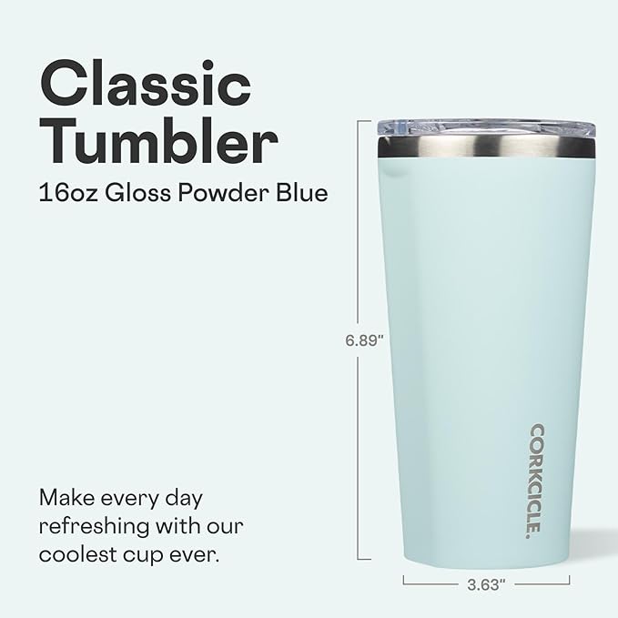Corkcicle Classic Tumbler - Keeps Drinks Cold for 9 Hours & Hot for 3 - Triple-Insulated Stainless Steel - Holiday Tumbler Gift - 16 oz - Gloss Powder Blue
