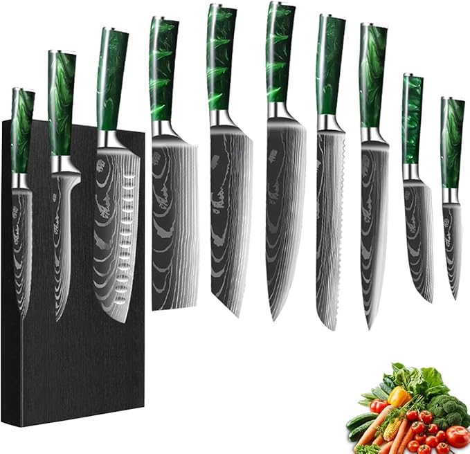 10-Piece Premium Japanese Kitchen Knife Set - Imperial Collection, Laser Damascus Pattern, 440A Stainless Steel Ultra Sharp for Fast Cutting (Green)