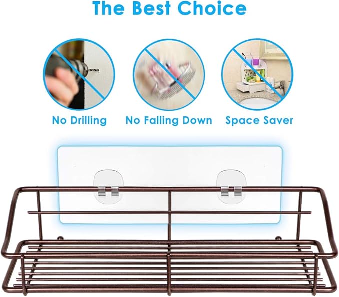 Nieifi Shower Caddy Shelf with Hooks Storage Rack Organizer Adhesive Stainless Steel without Drilling for Bathroom, Lavatory, Washroom, Restroom, Shower, Toilet, Kitchen (Brown, 3 Pack)