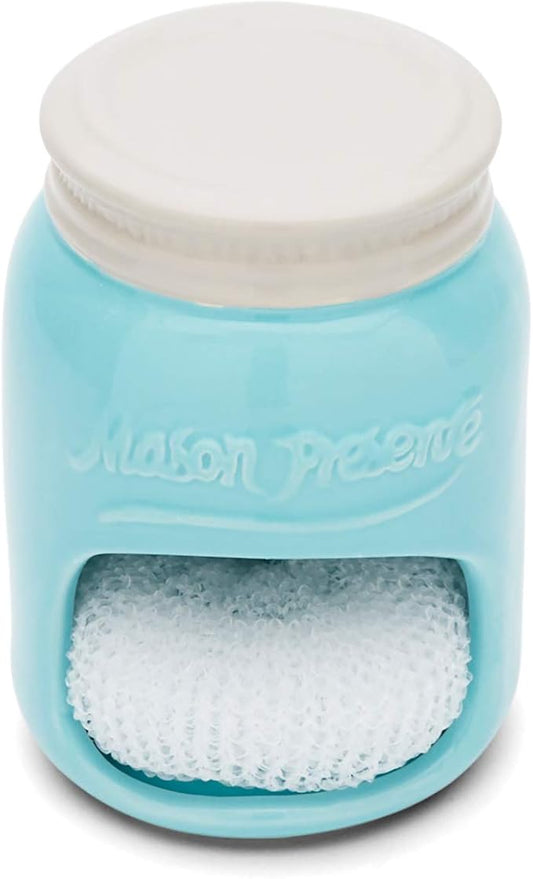 Fox Run Ceramic Mason Jar Holder with Sponge, 3.5 x 3.5 x 5 inches, Blue