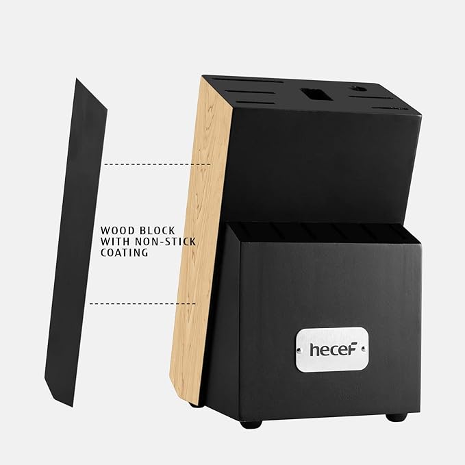 hecef Kitchen Knife Block Set, 14 Pieces Knife Set with Wooden Block & Sharpener Steel & All-purpose Scissors, High Carbon Stainless Steel Cutlery Set (Black)