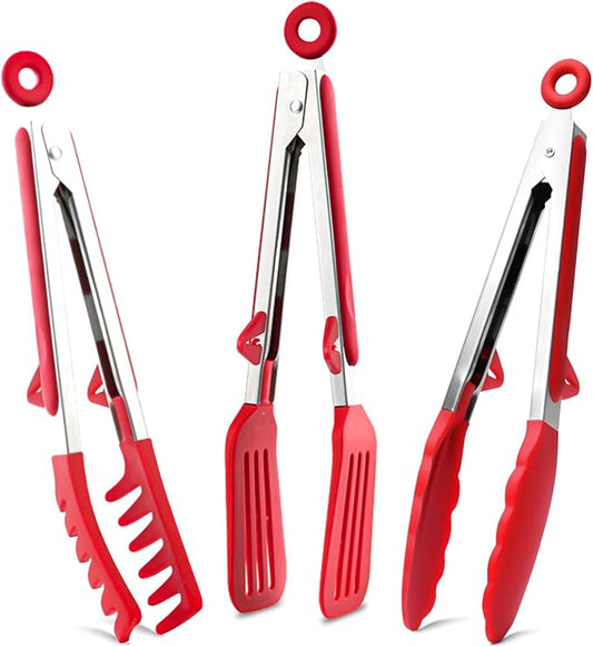 Kitchen Tongs, 9 Inch Tongs for Cooking with Silicone Tips, Food Grade Mini Serving Tong for Nonstick Pans, BBQ, Salad, Set of 3, Red
