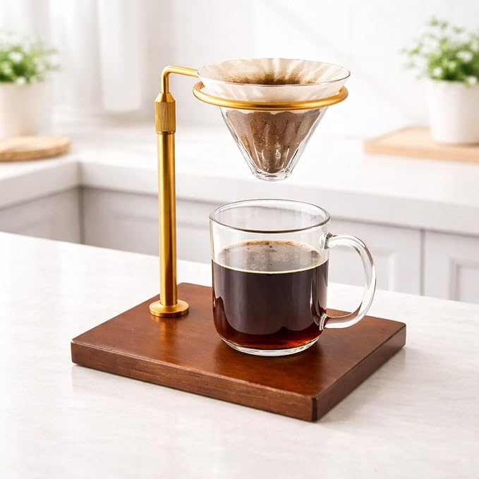 Coffee Dripper Stand Pour Over Rack Alloy Wood Hand Brewer Holder Adjustable - Image 5