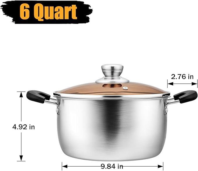6 Quart Stock Pot with Lid, P&P CHEF Stainless Steel Cooking Pot Stockpot for Soup and Pasta, Heat-proof Handle & Glass Lid, Dishwasher Safe & Non Toxic