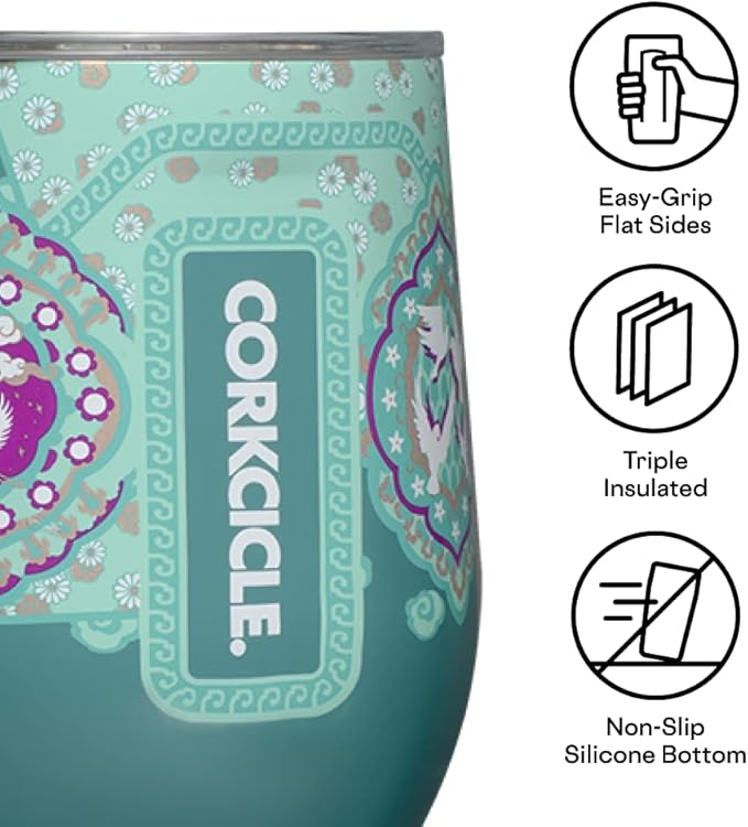 Corkcicle Stemless Wine Glass Tumbler - Triple Insulated Stainless Steel Cup - Spill Resistant Sliding Lid - Non-Slip Base - Summer Drinkware Gift - Keeps Drinks Ice Cold - 12 oz - Princess Jasmine