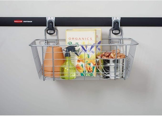 Rubbermaid Garage FastTrack Wire Mesh Basket Wall Mounted Storage System Holds up to 50 pounds Satin Nickel for Tool/Toy/Sports Equipment