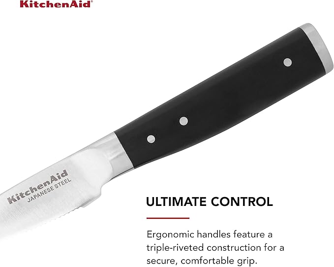 KitchenAid Gourmet Forged Triple Rivet Serrated Paring Knife with Custom-Fit Blade Cover, 3.5-inch, Sharp Kitchen Knife, High-Carbon Japanese Stainless Steel Blade, Black
