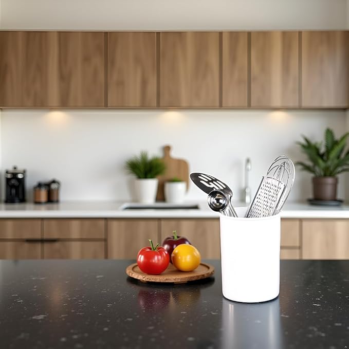 Reston Lloyd 6 Piece Kitchen Utensil Holder for Kitchen Counter, Utensils Crock with Heat Resistant Spoon, Slotted Spoon, Ladle, Spatula BPA Free, White