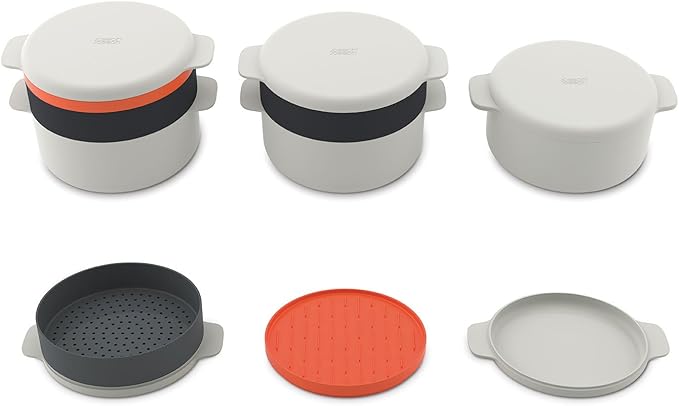 Joseph Joseph M-Cuisine Microwave 4-Piece Stackable Cooking Set, 2 liter cooking pot, steamer, griddle and lid, Orange/Beige