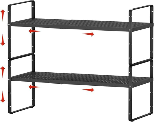 2Pack Expandable Cabinet Shelf Organizers, Stackable Metal Shelves Extender for Kitchen Countertop Storage, Adjustable Spices Shelves Rack Stand for Cupboard Pantry, Black