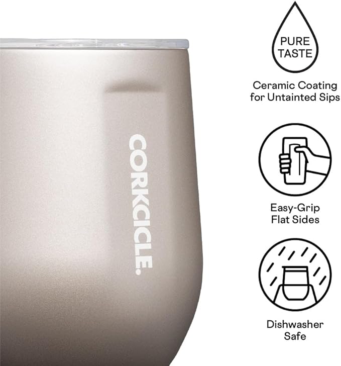 Corkcicle Pure Taste Stemless Insulated Wine Glass Tumbler - Keeps Beverages Cold 6 Hours & Hot 3 Hours - Stainless Steel - Easy-Grip - Summer Drinkware Gift - 12 oz - Latte/Oat Milk
