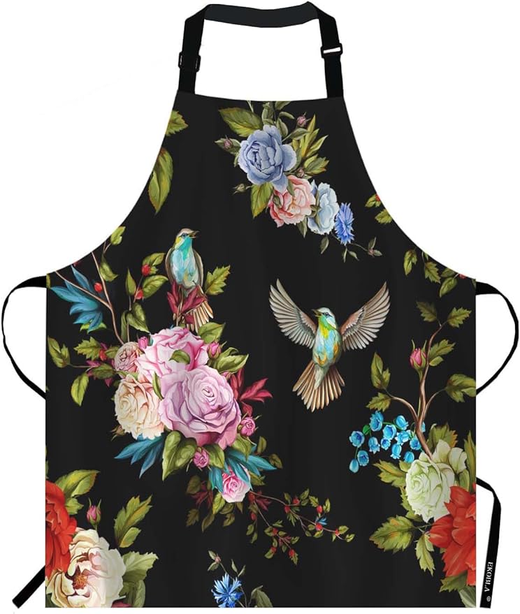 EKOBLA Flower Aprons Wild Flowers Peony Roses Lily Nightingale Cornflower Black Background Waterproof Resistant Chef Cooking Kitchen BBQ Adjustable Aprons for Women Men 27x31 Inch
