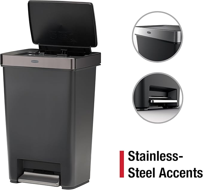 Rubbermaid Premier Series IV Step-On Trash Can for Home and Kitchen, 12.4 Gallon, Stainless Steel Lid Charcoal, for Home/Kitchen/Garage/Apartment/Office