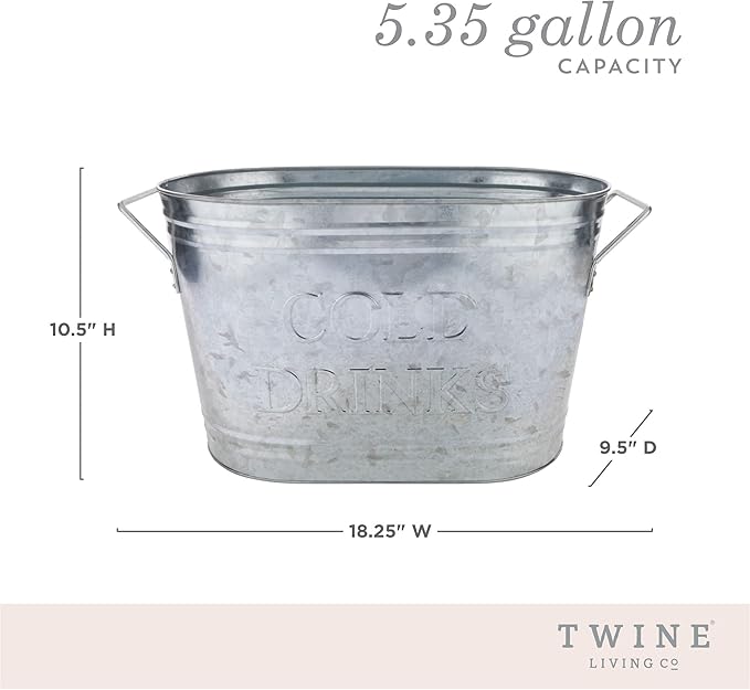 Twine Insulated Drink Galvanized Bucket, Beer and Beverage Tub, Metal Bucket, Ice Buckets for Parties, Holds 5.35 Gallons, Silver
