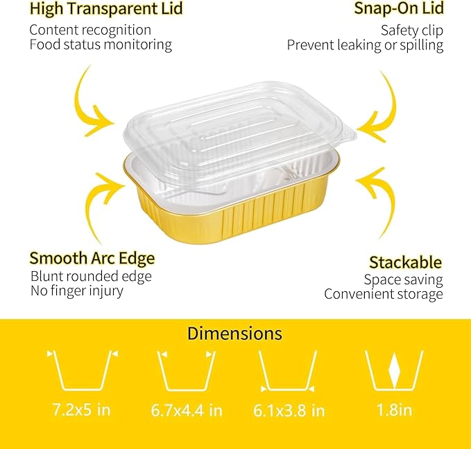40 Pack 7.2"×5"×1.8" Gold Aluminum Foil Pans with Lids Heavy Duty, 1.5 LB Foil Food Containers with Lids, Disposable Tin Foil Pans for Baking, Meal Prep, Freezer, Heating and Takeout