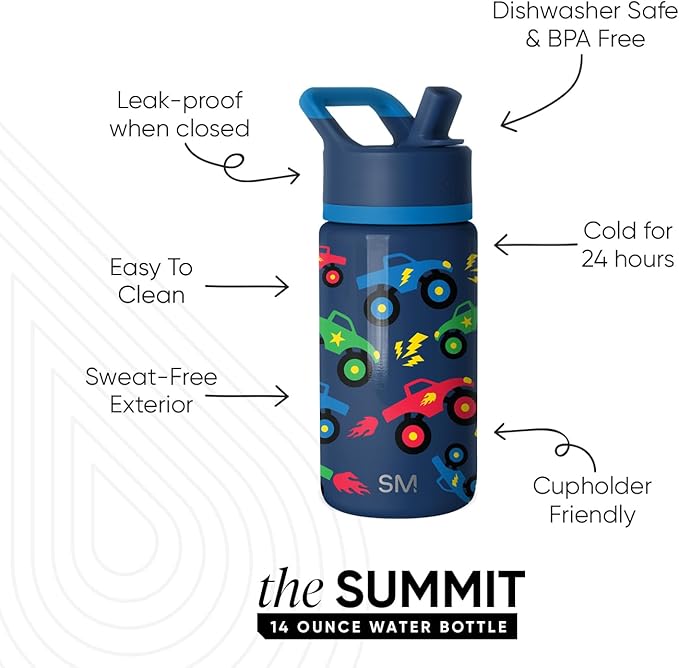 Simple Modern Kids Summit Water Bottle with Straw Lid | 14oz Stainless Steel Cup Insulated Tumbler Tumbler for Boys, School | Monster Truck Rally