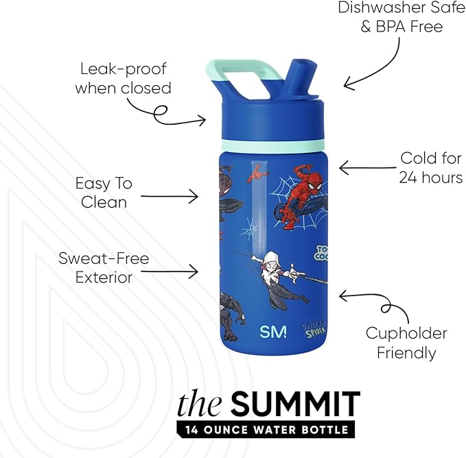 Simple Modern Kids Summit Water Bottle with Straw Lid | Marvel Spiderman 14oz Stainless Steel Cup Insulated Tumbler for Boys, School | Spiderman Mashup