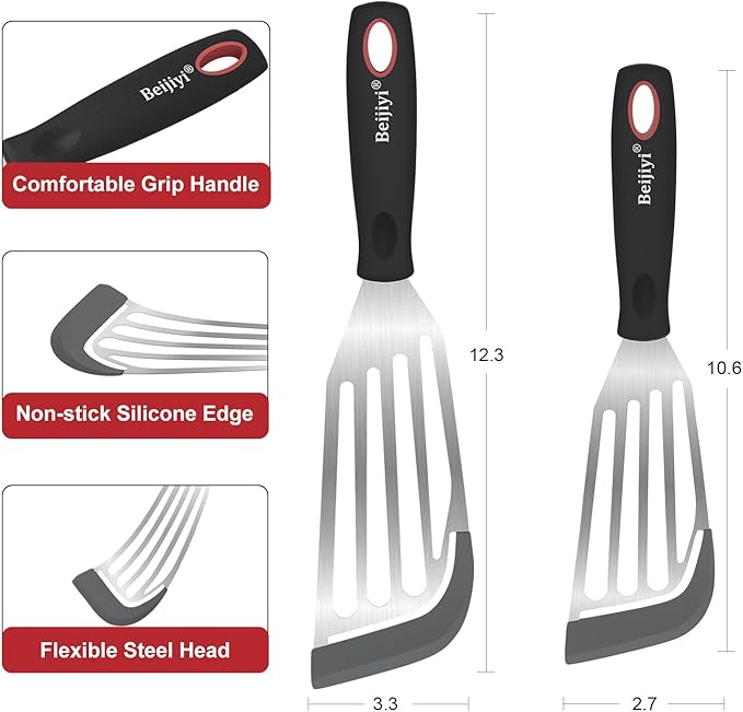 Beijiyi Heat Resistant Silicone Fish Spatulas, 2-Piece Slotted Fish Turner Spatula Set for Non Stick Frying Pan, Kitchen Cooking Utensils Flexible Thin Egg Flipper, 12.3" & 10.6", Gray Silicone Edge