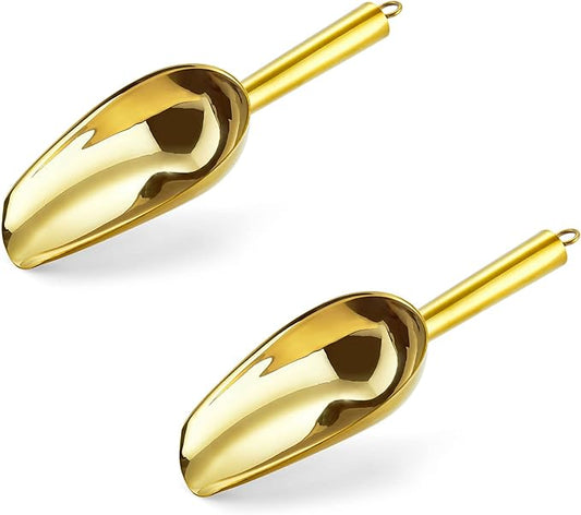6 Ounce Ice Scoop Set of 2, E-far Gold Stainless Steel Small Scoops for Ice Cube/Candy/Flour/Sugar, Metal Utility Scoops for Canisters, Baking, Kitchen Pantry, Rust Free & Dishwasher Safe