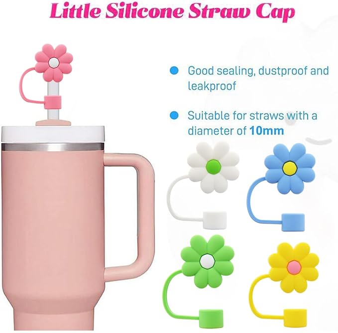 Flower Straw Cover Cap for Stanley Cup Silicone Straw Topper Compatible with 30 and 40 Oz Tumbler with Handle,Straw Tip Covers 10 mm 0.4 in for Straw Tip Covers (5Pcs-Flower-StrawCover)