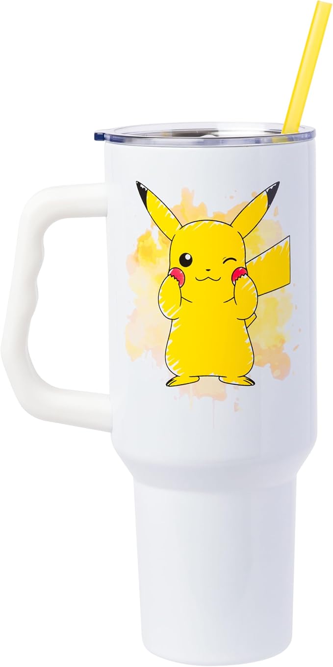 Silver Buffalo Pokémon Stainless Steel Tumbler with Handle Featuring Pikachu, Fits in Standard Cup Holder, 40 Ounces