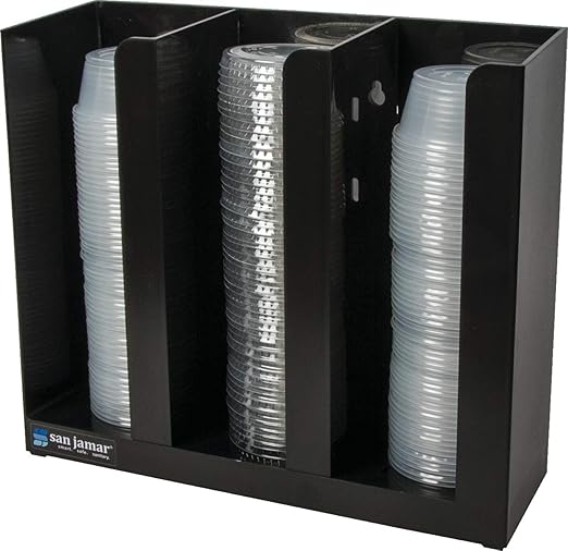 San Jamar Portion Cup and Lid Organizer Fits 2-3" Cups and Lids with Removable Dividers for Kitchen, Restaurant, and Fast Food, Plastic, 10 x 11.5 x 3.75 Inches, Black
