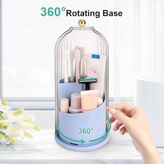 Toothbrush Holders with Sliding Lid, Rotating 3 Slots Bathroom Organizer Countertop, Tooth Brush Toothpaste Holder Bathroom Counter Stand Sink Organizer Caddy for Makeup Brushes Holder (Blue)
