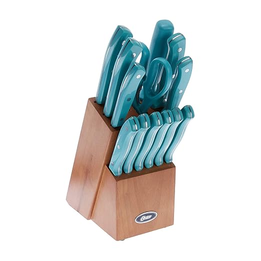 Oster Evansville 14 Piece Stainless Steel Cutting Kitchen Knife Cutlery Set with Wooden Block Holder and Knife Sharpener, Turquoise