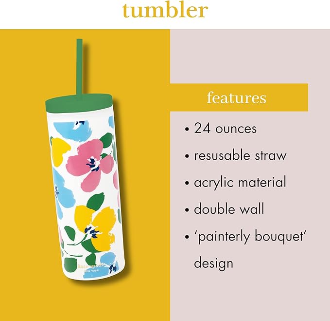 kate spade new york Acrylic Tumbler with Lid and Straw, 24 oz Tumbler, Slim Double Wall Tumbler (Painterly Bouquet)