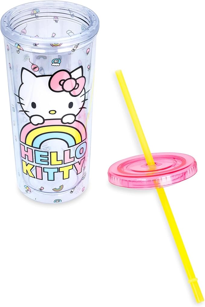 Silver Buffalo Sanrio Hello Kitty Plastic Tall Cold Cup with Lid and Straw, 20 Ounces
