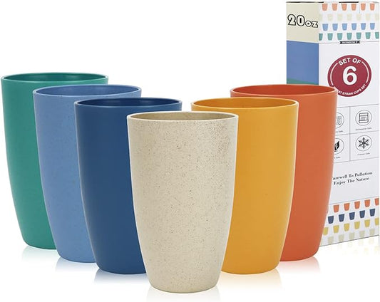 Homienly Wheat Straw Cups - Set of 6 Unbreakable Drinking Cups - 20 oz Reusable Dishwasher Safe Water Glasses - Kitchen Tumblers
