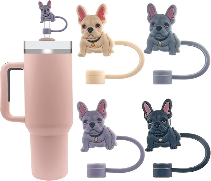 Velaco 4Pcs 0.4in/10mm Diameter Silicone Straw Covers Cap Compatible with Stanley 20 30&40 Oz Cup, Cute Dog Straw Toppers for Stanley 40 Oz Tumbler with Handle, Dust-Proof Straw Caps for Water Bottle